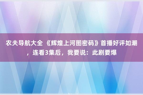 农夫导航大全 《辉煌上河图密码》首播好评如潮，连看3集后，我要说：此剧要爆